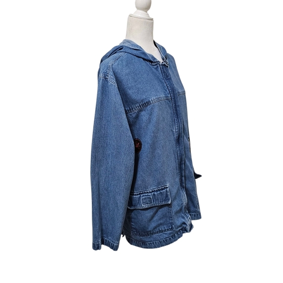 Bill Blass Vintage Hooded Jean Jacket With Novelty Patches Loosefit Womens Large - Picture 2 of 16